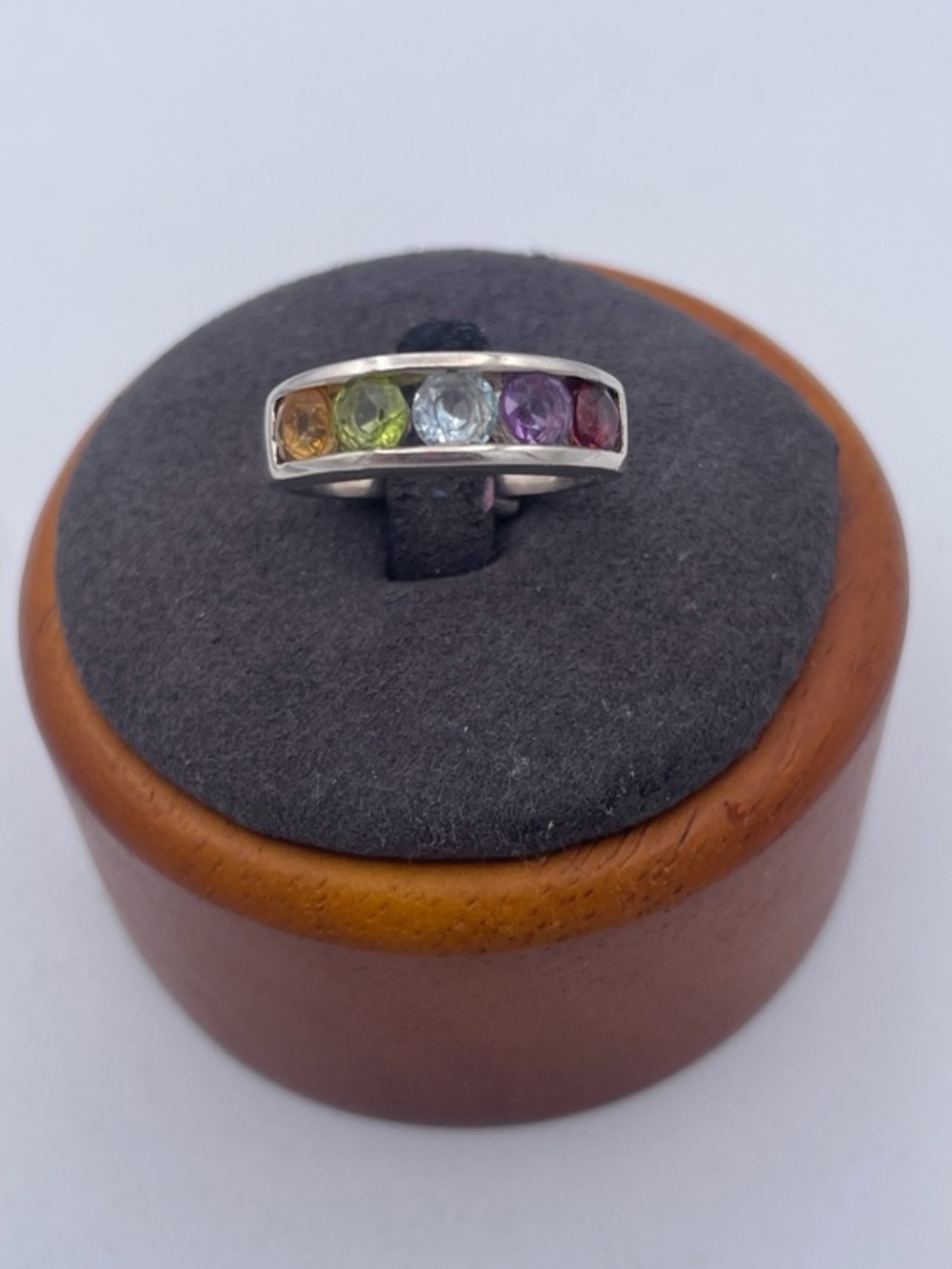 Vintage 925 Sterling Silver Rainbow Multi Gemstone Channel Band Ring Size 8